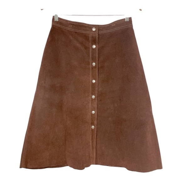Vintage Brown Genuine Suede Snap Front A-Line Skirt Western Boho Midi size Small - Picture 1 of 9